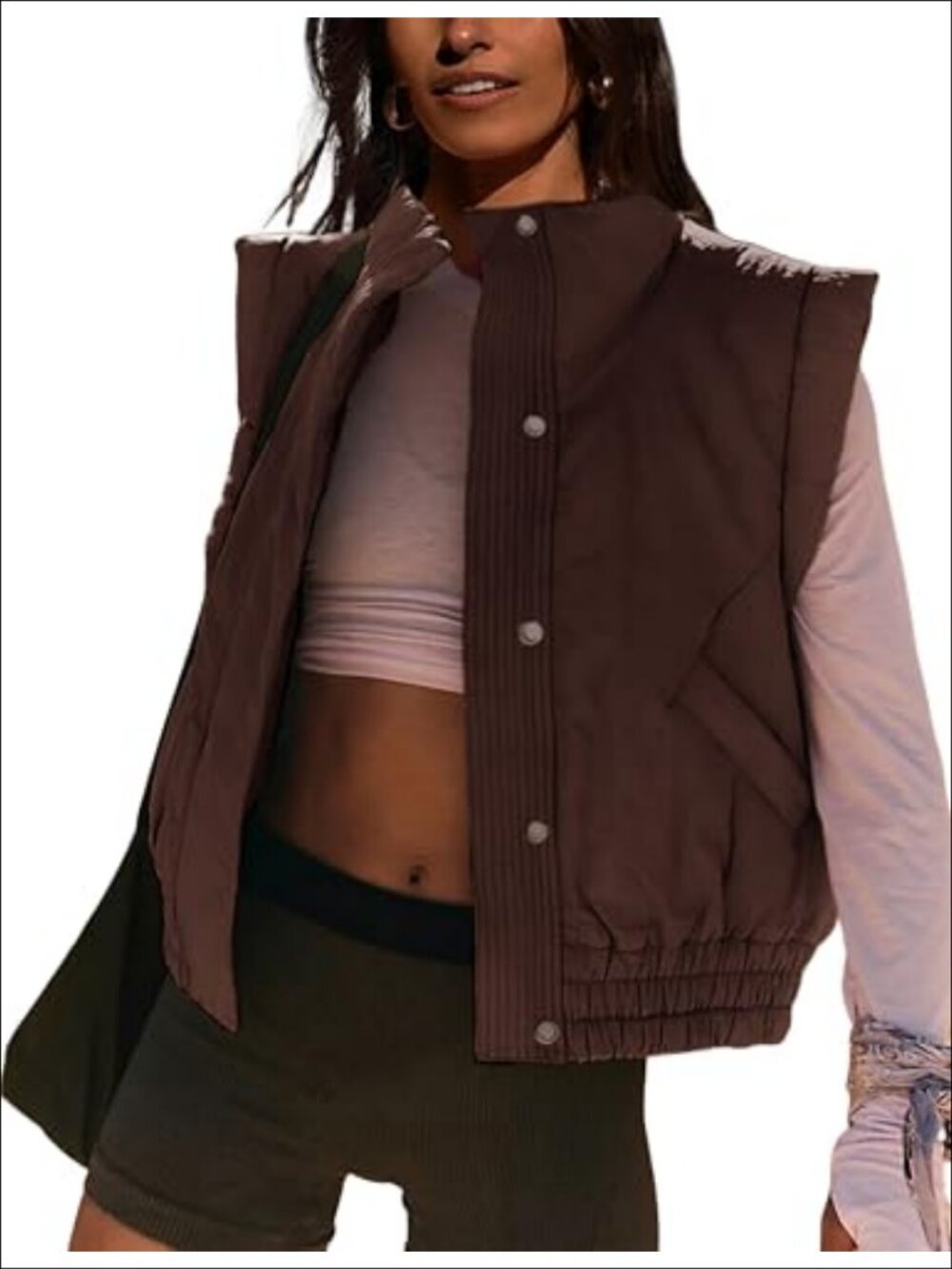 Women's Quilted Puffer Vest Cropped Sleeveless Button Down Gilet